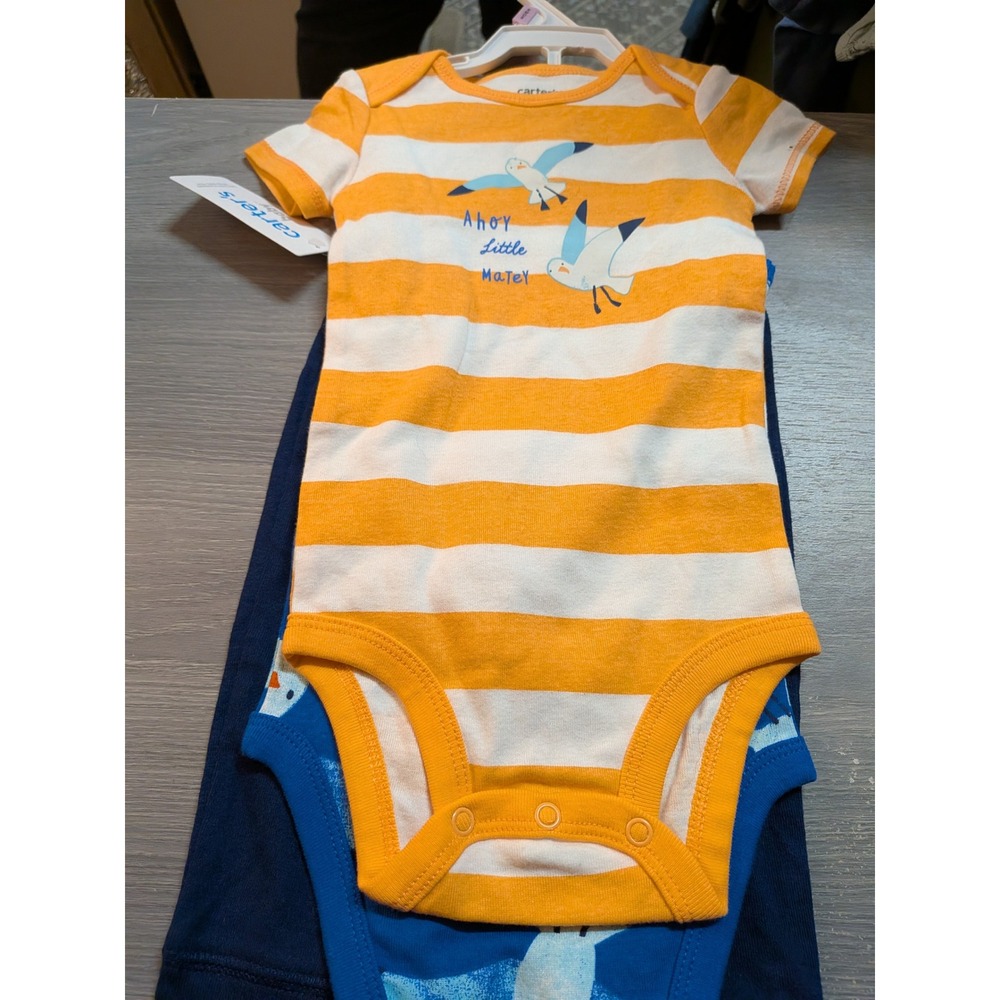 Carters Baby Boy 3PC Nautical Set Orange Striped Seagull Bodysuits Anchor Pants
